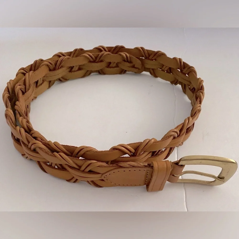 Chas W Henson Garment Co. Leather Belt, Brass buckle, Woven, Sz XL​, Vintage